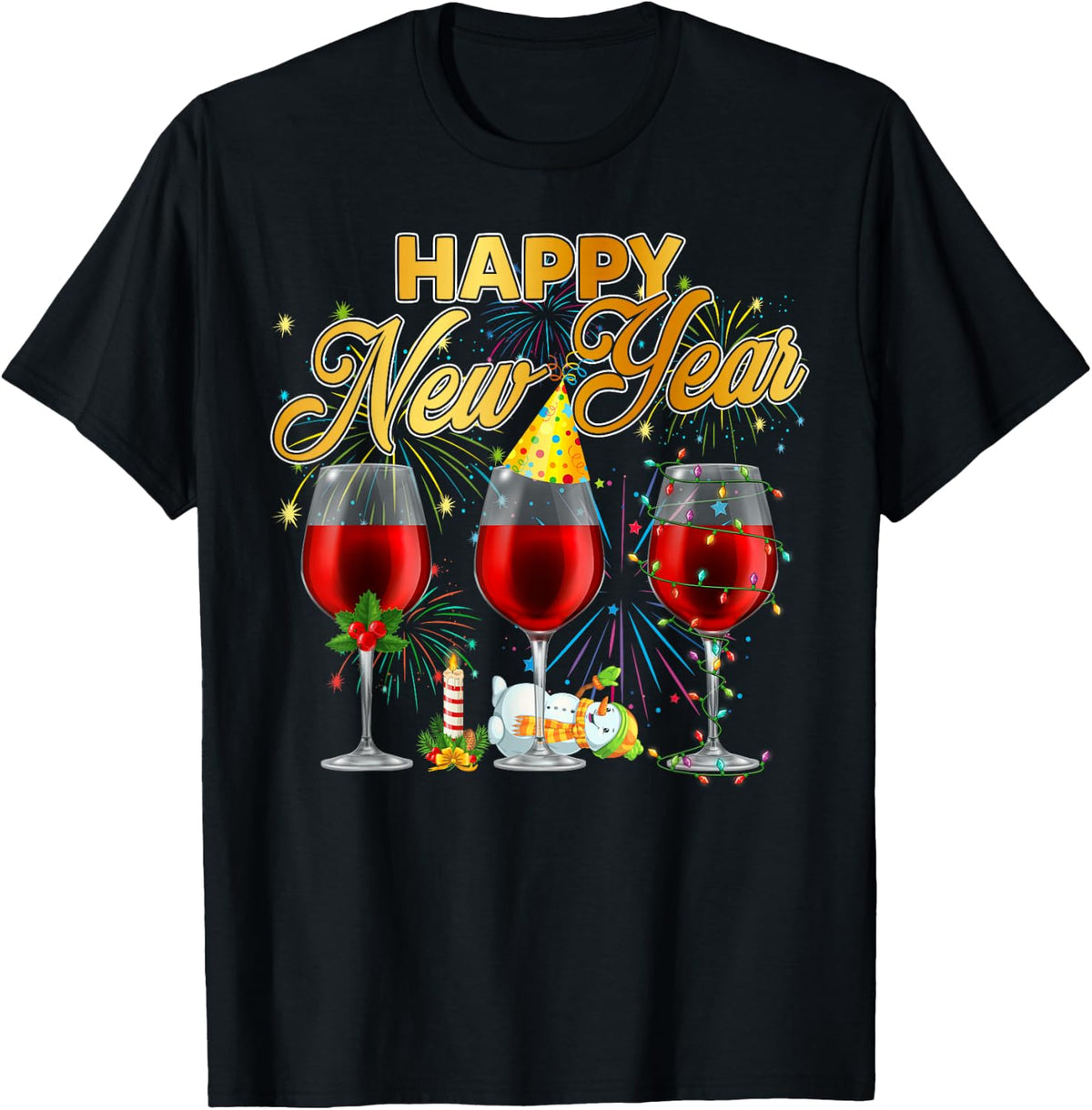 Happy New Year 2026 Glasses of Wine Fireworks New Years Eve T-Shirt - Black