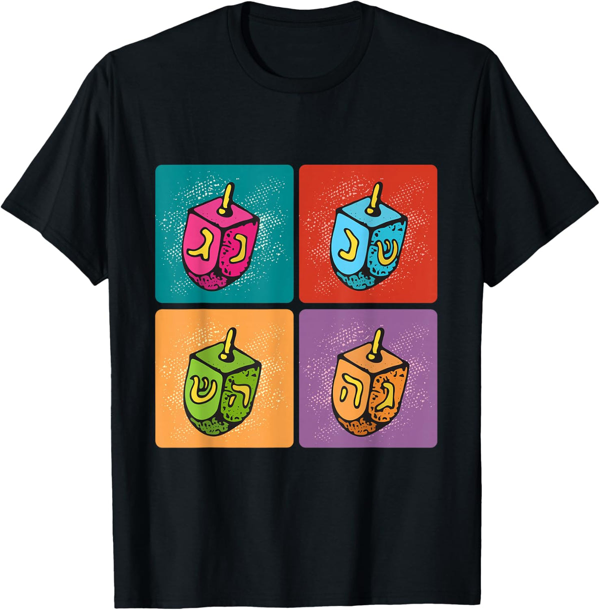 Funny Hanukkah Dreidel Pop Art Style Colorful Men Women Kids T-Shirt - Black