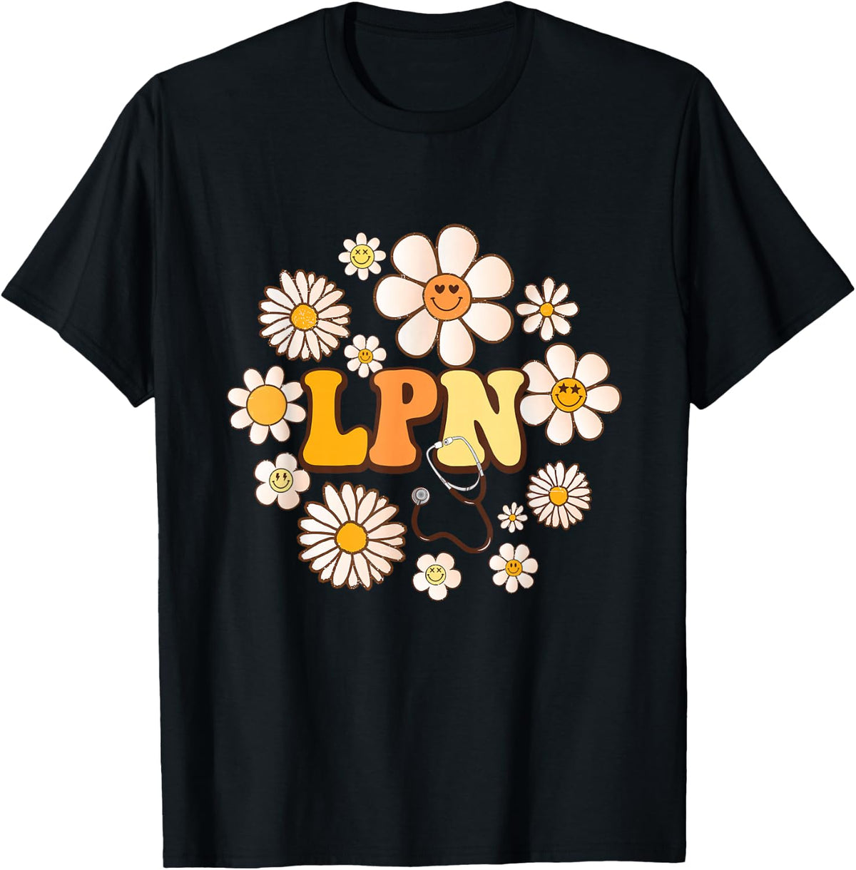 Retro groovy smile face Flowers LPN Licensed Practical Nurse T-Shirt - Black