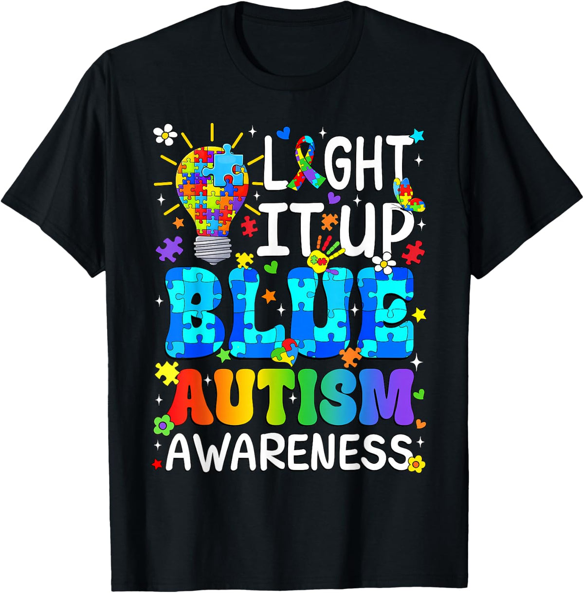 Light It Up Blue Autism Awareness Puzzle Piece Boys Kids T-Shirt - Black