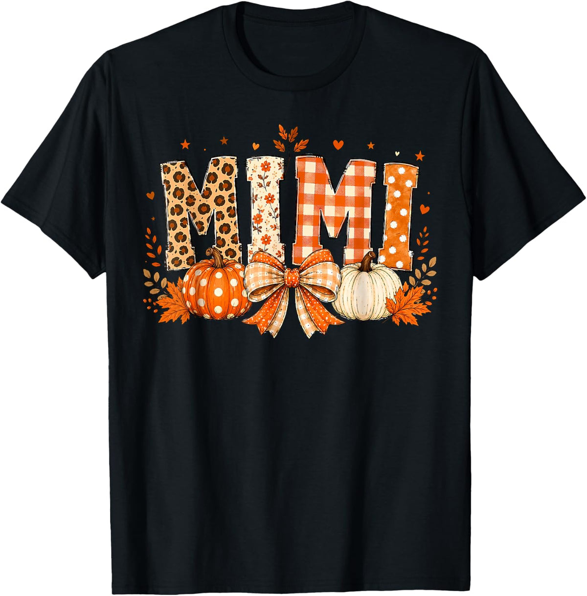 Retro Leopard Mimi Fall Leaves Pumpkin Grandma Thanksgiving T-Shirt - Black