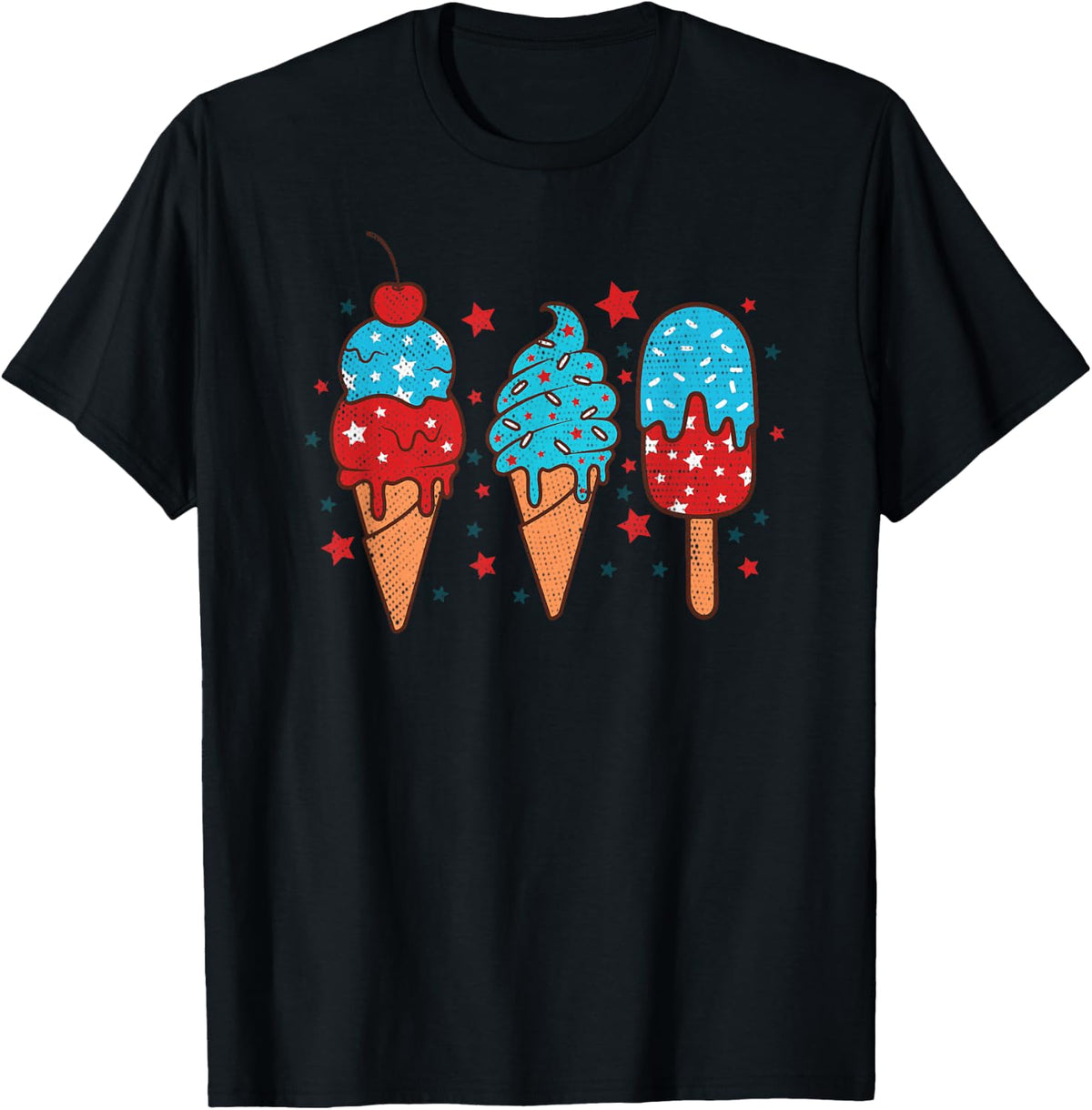 Blue Red White Ice Cream American Flag 4th of July Summer T-Shirt - Black