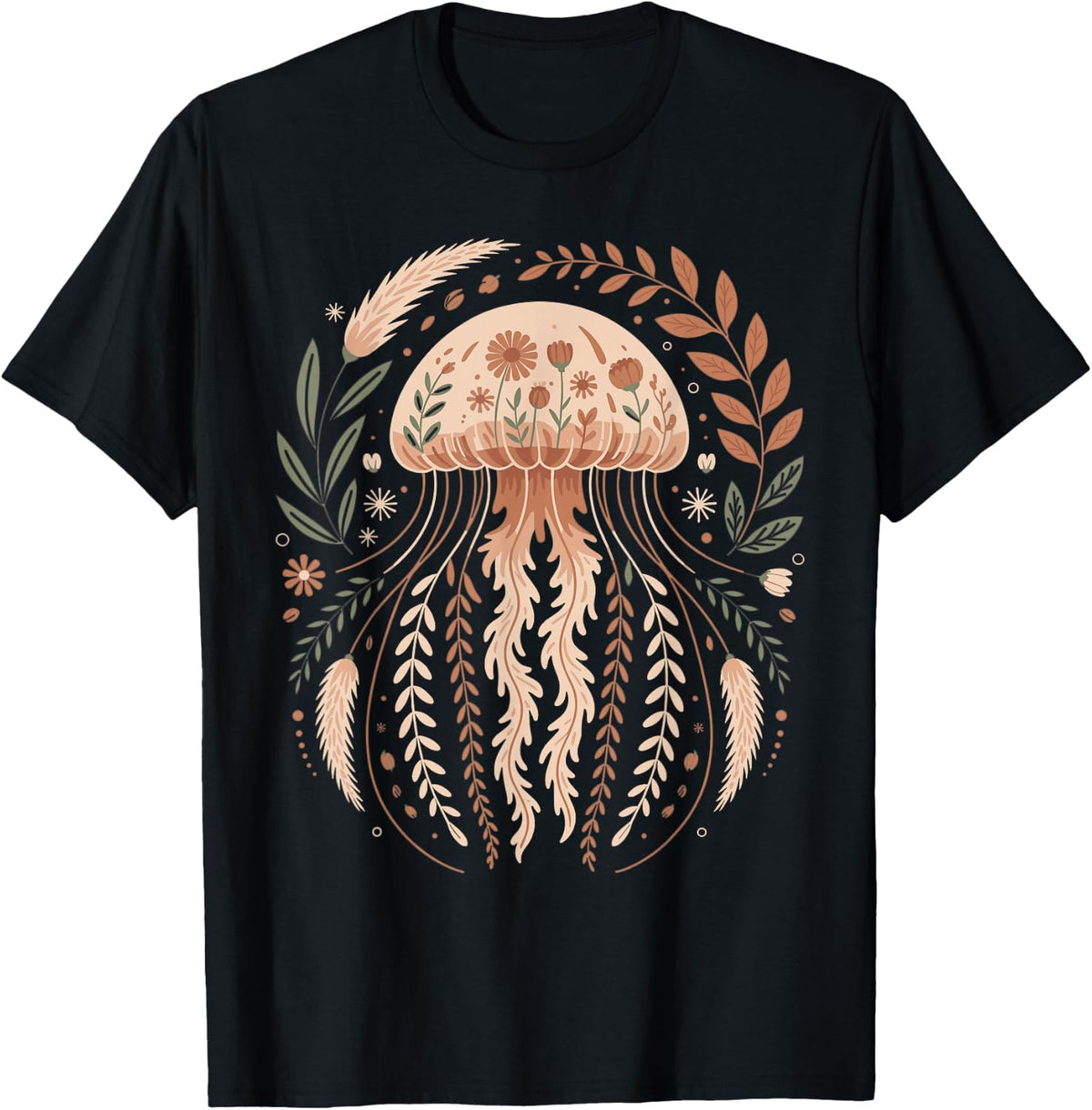 Boho Floral Jellyfish Sea Creature Beach Art T-Shirt - Black