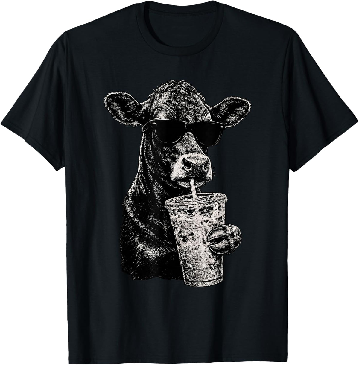 Cow Drinking Iced Coffee Farm Animal Humor T-Shirt - Black