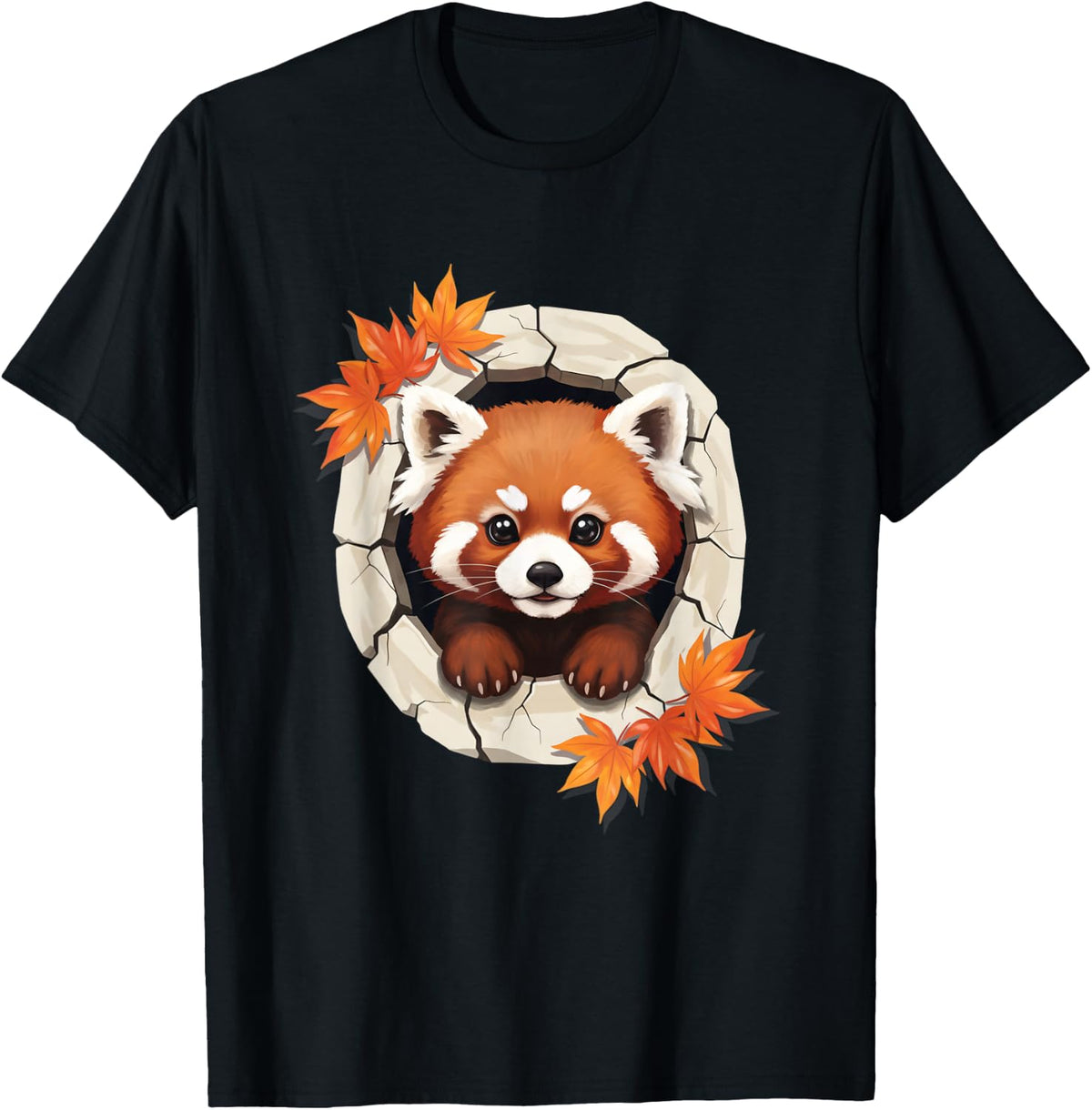 Cute Red Panda Peeking Hole Fall Autumn Leaves T-Shirt - Black