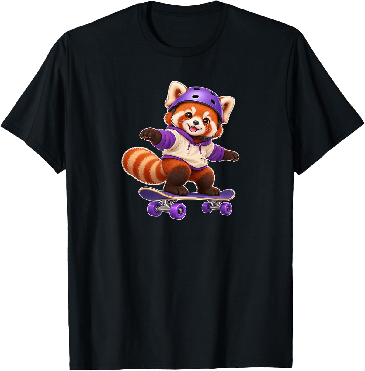 Cute Red Panda Playing Skateboarding Animal Sports Gift T-Shirt - Black