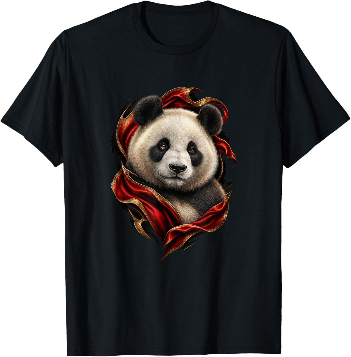 Giant Panda with Red Silk Fractures Animal Art T-Shirt - Black