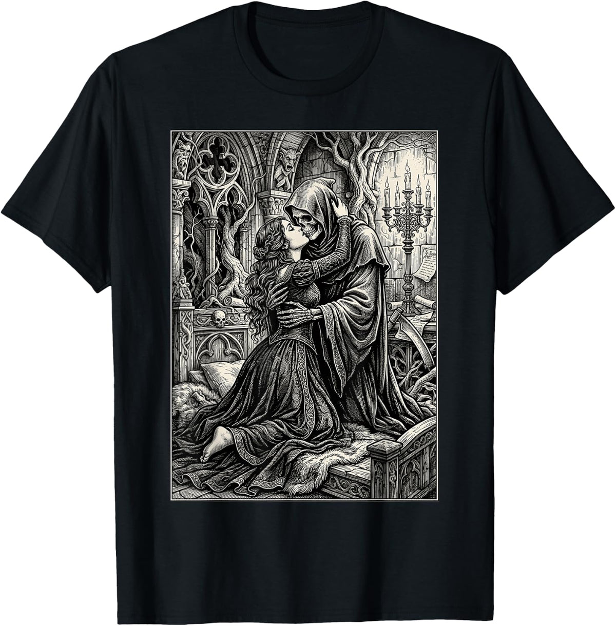 Gothic Macabre Romance Death and Maiden Engraving T-Shirt - Black