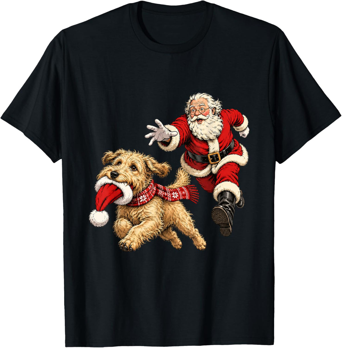 Funny Santa Chasing Soft Coated Wheaten Terrier Christmas T-Shirt - Black
