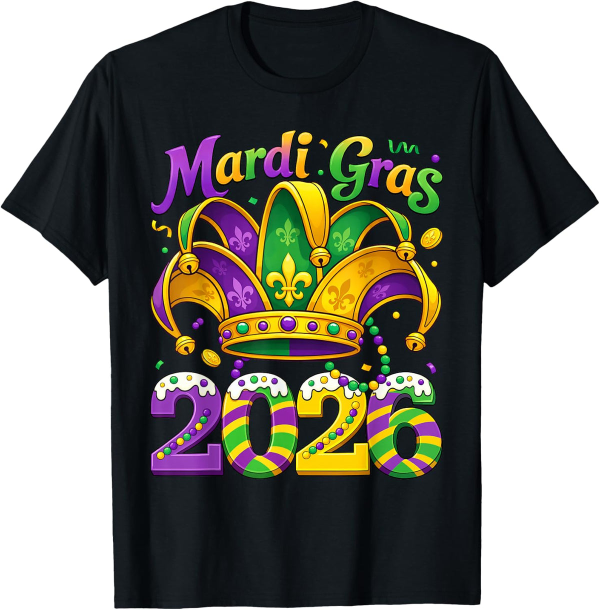 Happy Mardi Gras 2026 Jester Hat New Orleans Men Women Kid T-Shirt - Black
