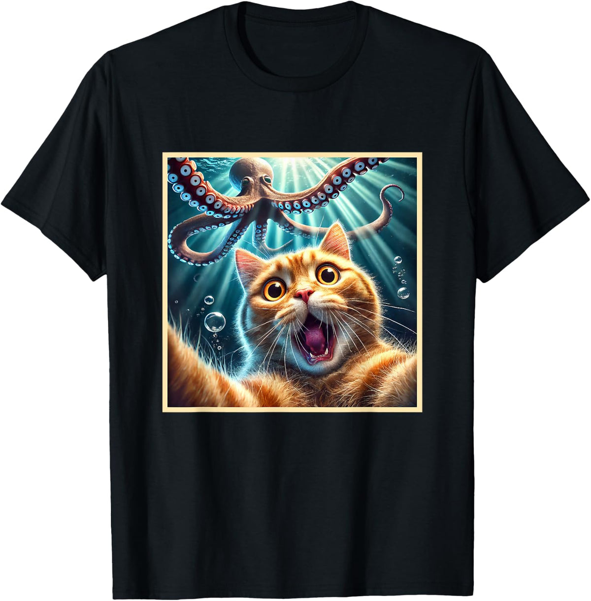 Cat Selfie With Octopus Funny T-Shirt - Black