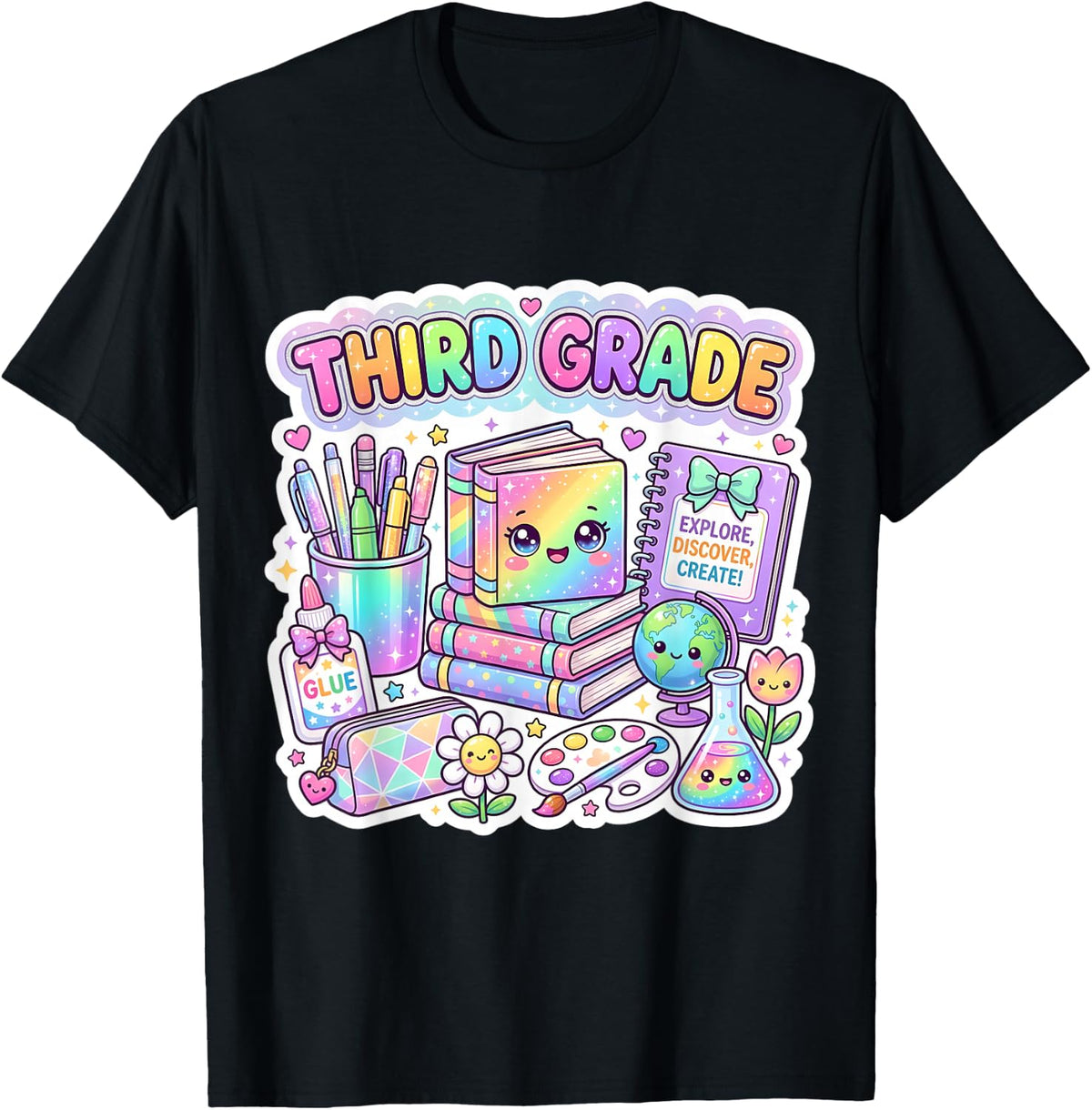 Cute Book 3rd Third Grade Back to School Girl Teacher Class T-Shirt - Black