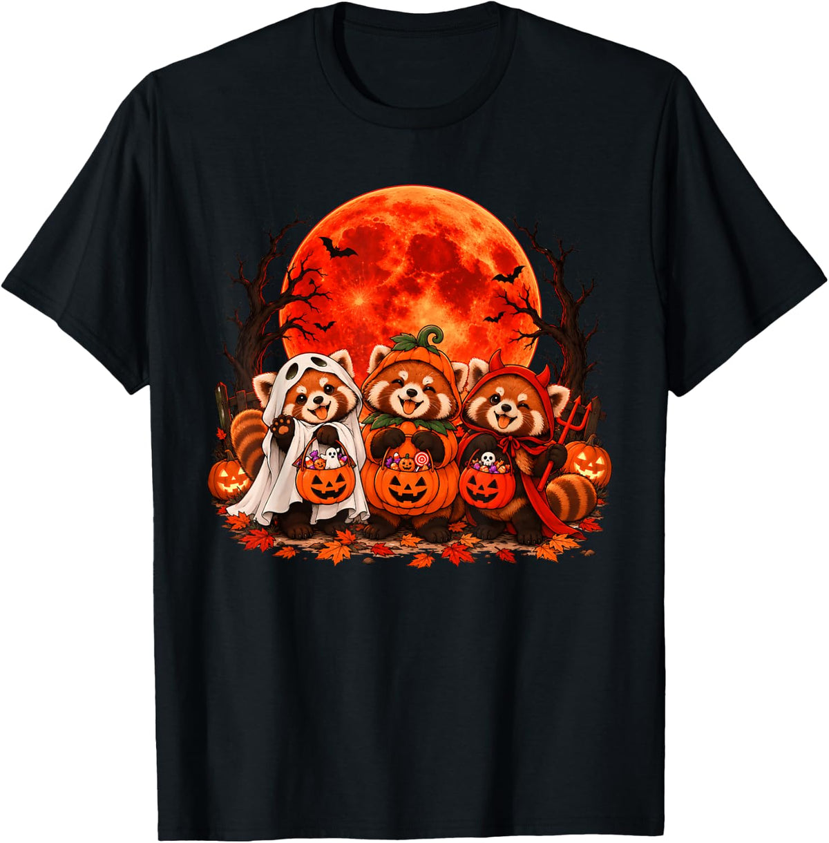 Three Red Panda Cute Halloween Costume Friends Blood Moon T-Shirt - Black