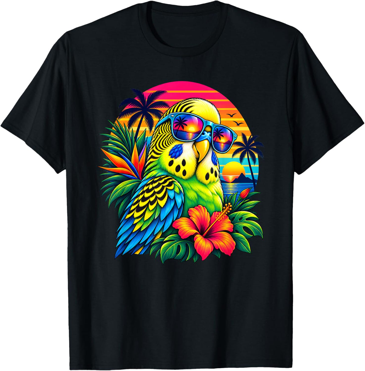 Budgie Parakeet Lover Retro Sunset Tropical Bird T-Shirt - Black