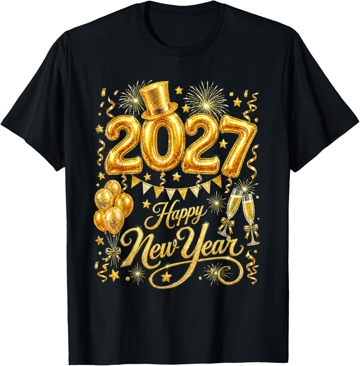 Happy New Year 2027 Gold Elegant Festive Party T-Shirt - Black