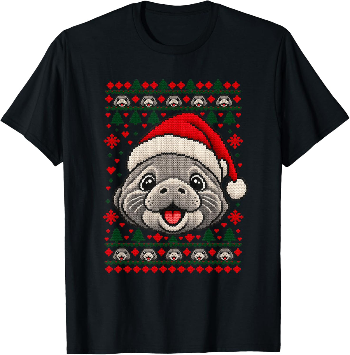 Happy Manatee Christmas Dog Santa Hat Ugly Sweater T-Shirt - Black