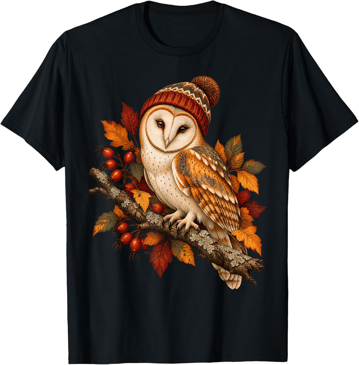 Autumn Barn Owl Fall Leaves Cozy Wildlife T-Shirt - Black