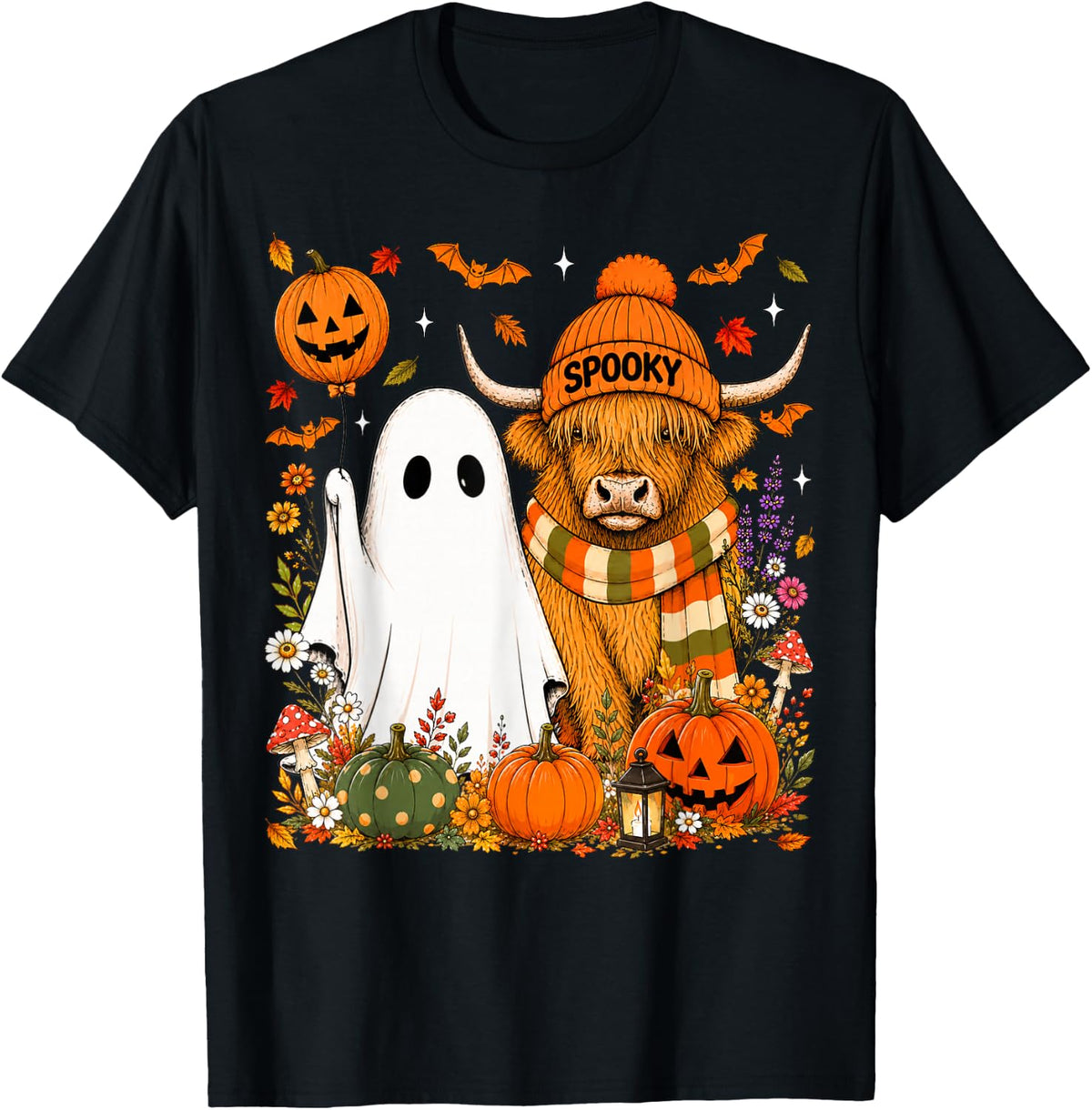 Cute Fall Highland Cow and Ghost Pumpkin Patch Halloween T-Shirt - Black