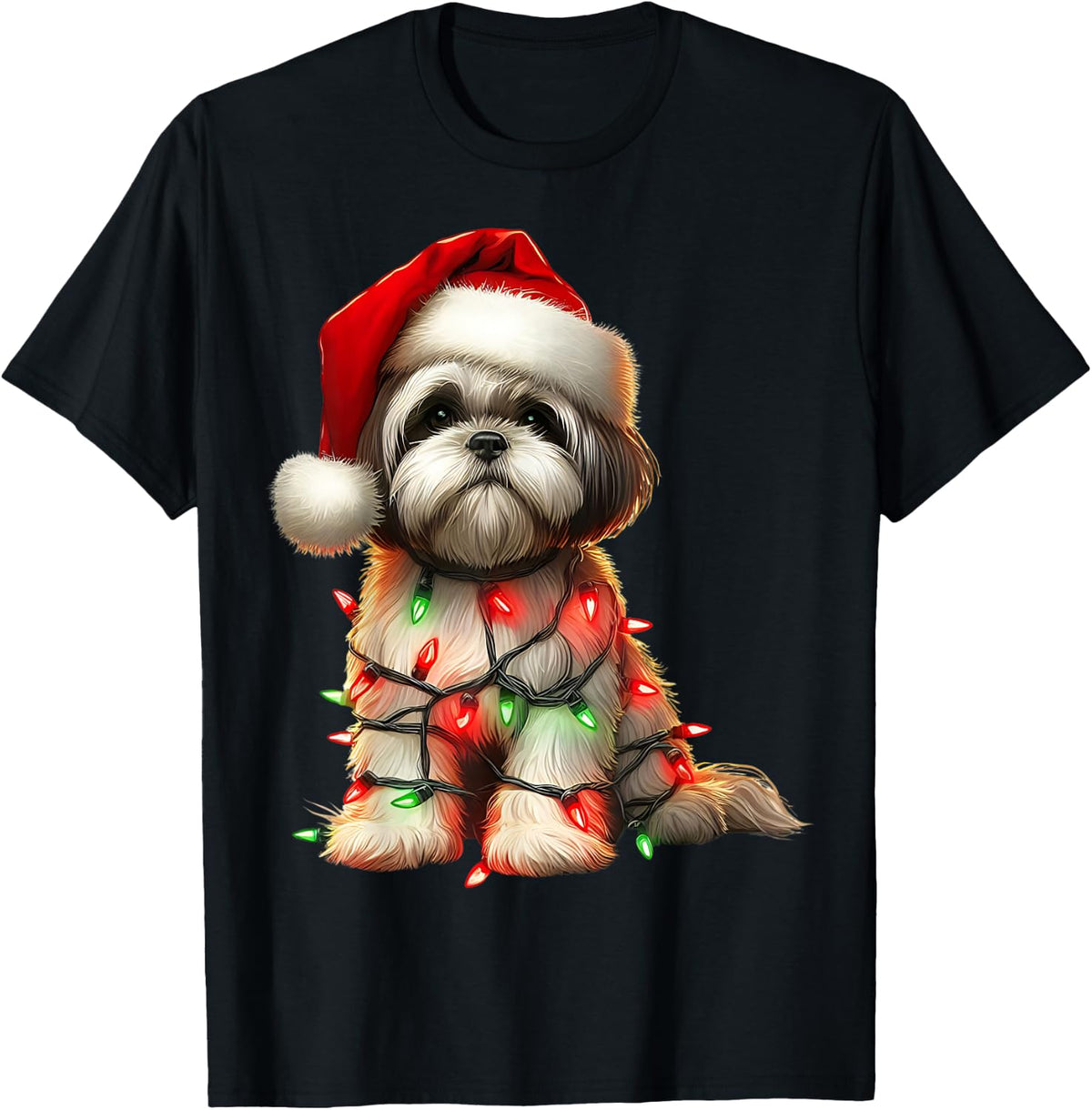 Shih Tzu Dog Christmas Lights Santa Hat Dog Lover T-Shirt - Black