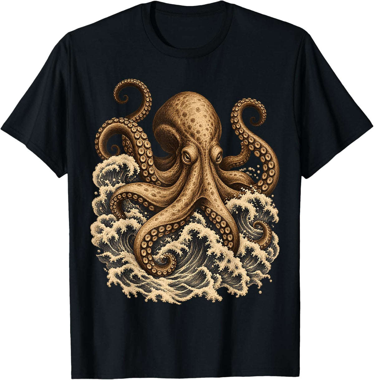 Vintage Octopus in Waves T-Shirt - Black