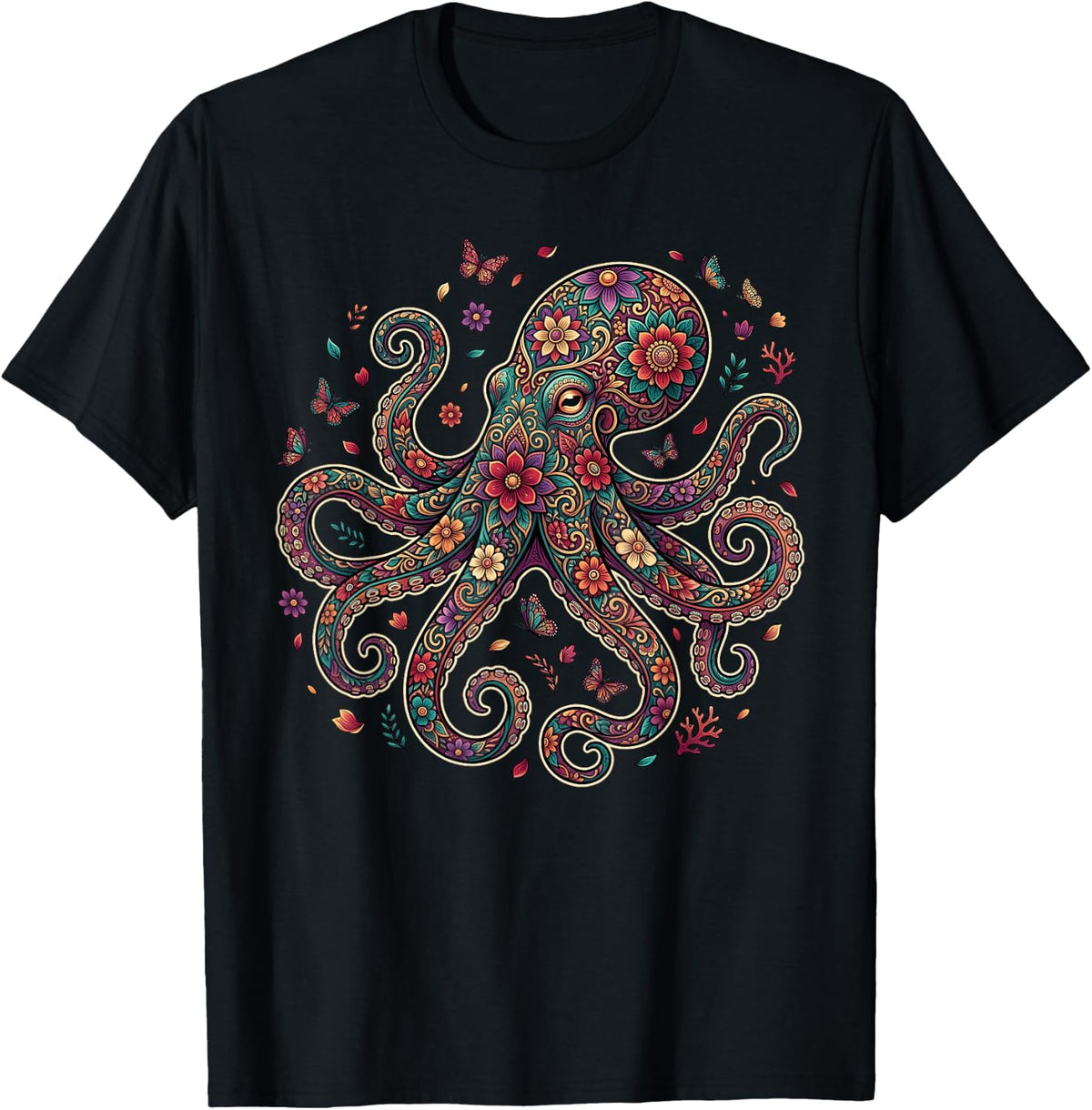 Colorful Floral Octopus with Butterflies T-Shirt - Black