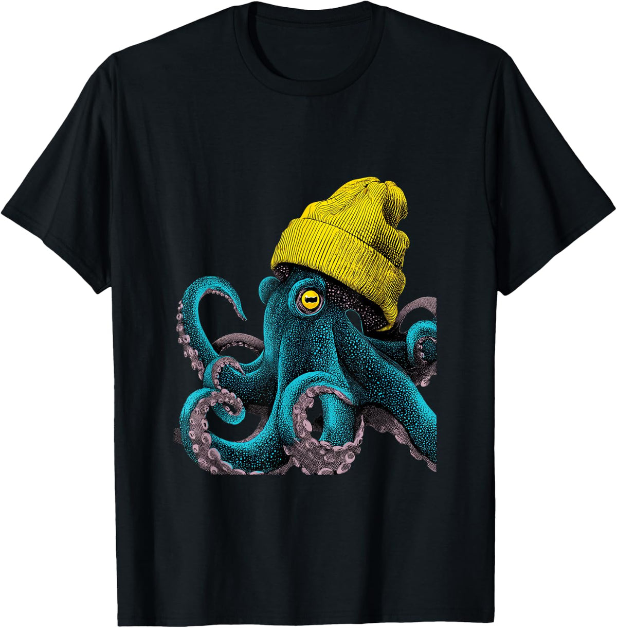 Octopus Wearing Beanie Comic pop Art Style Graphic T-Shirt - Black