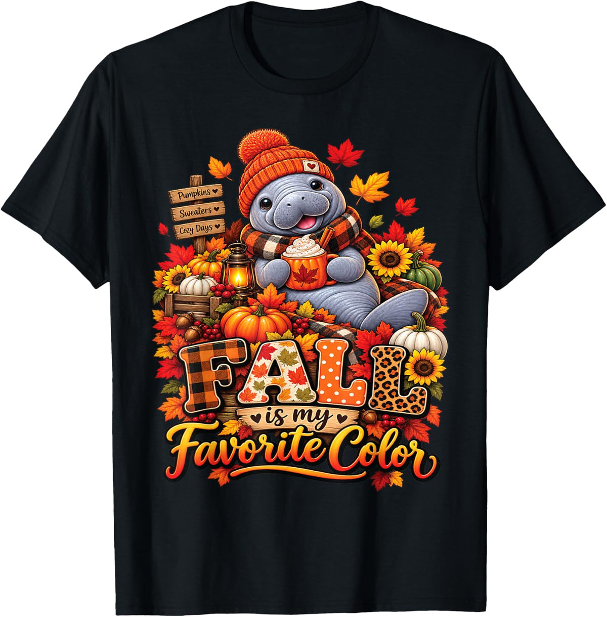 Fall is My Favorite Color Cozy Manatee Spice Pumpkin Autumn T-Shirt - Black