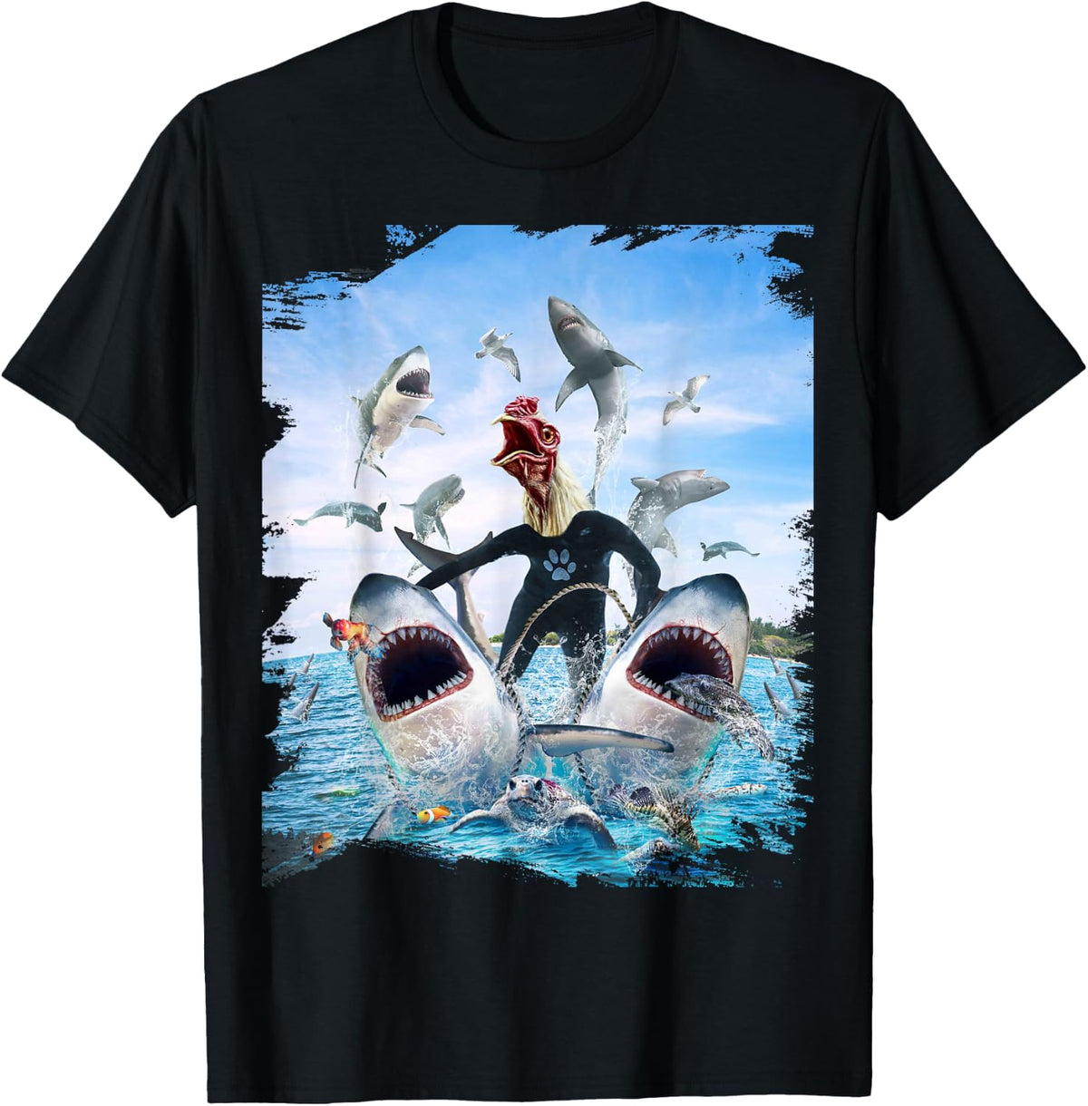 Chicken Riding Shark Sharks At Beach Ocean Funny T-Shirt - Black