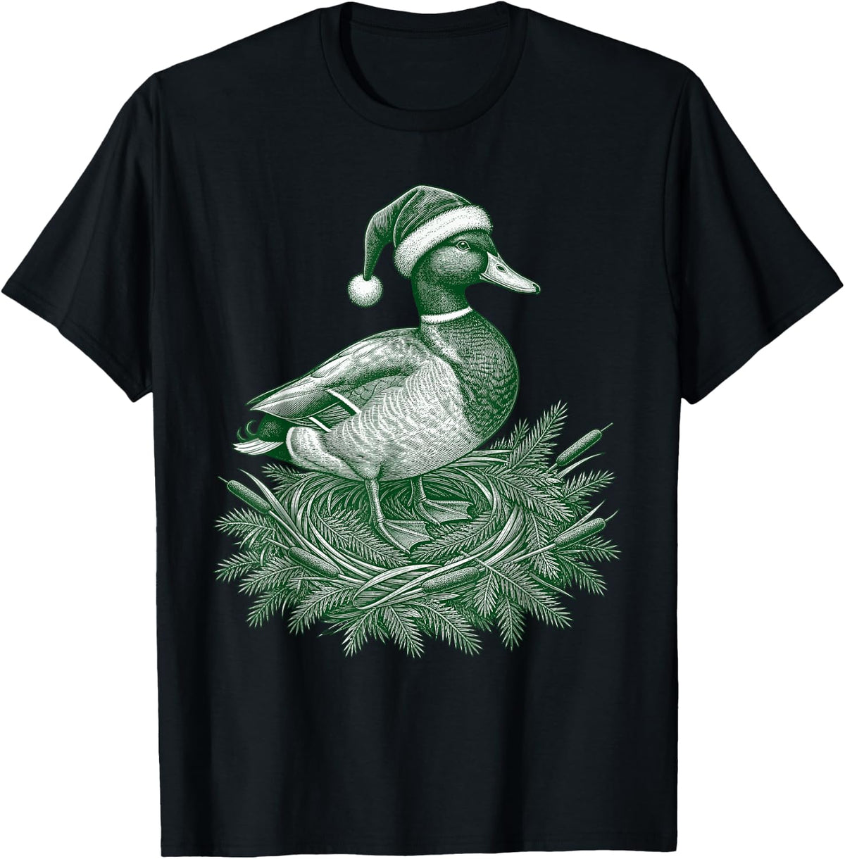 Duck Hunting Christmas Mallard Santa Hat Wreath T-Shirt - Black