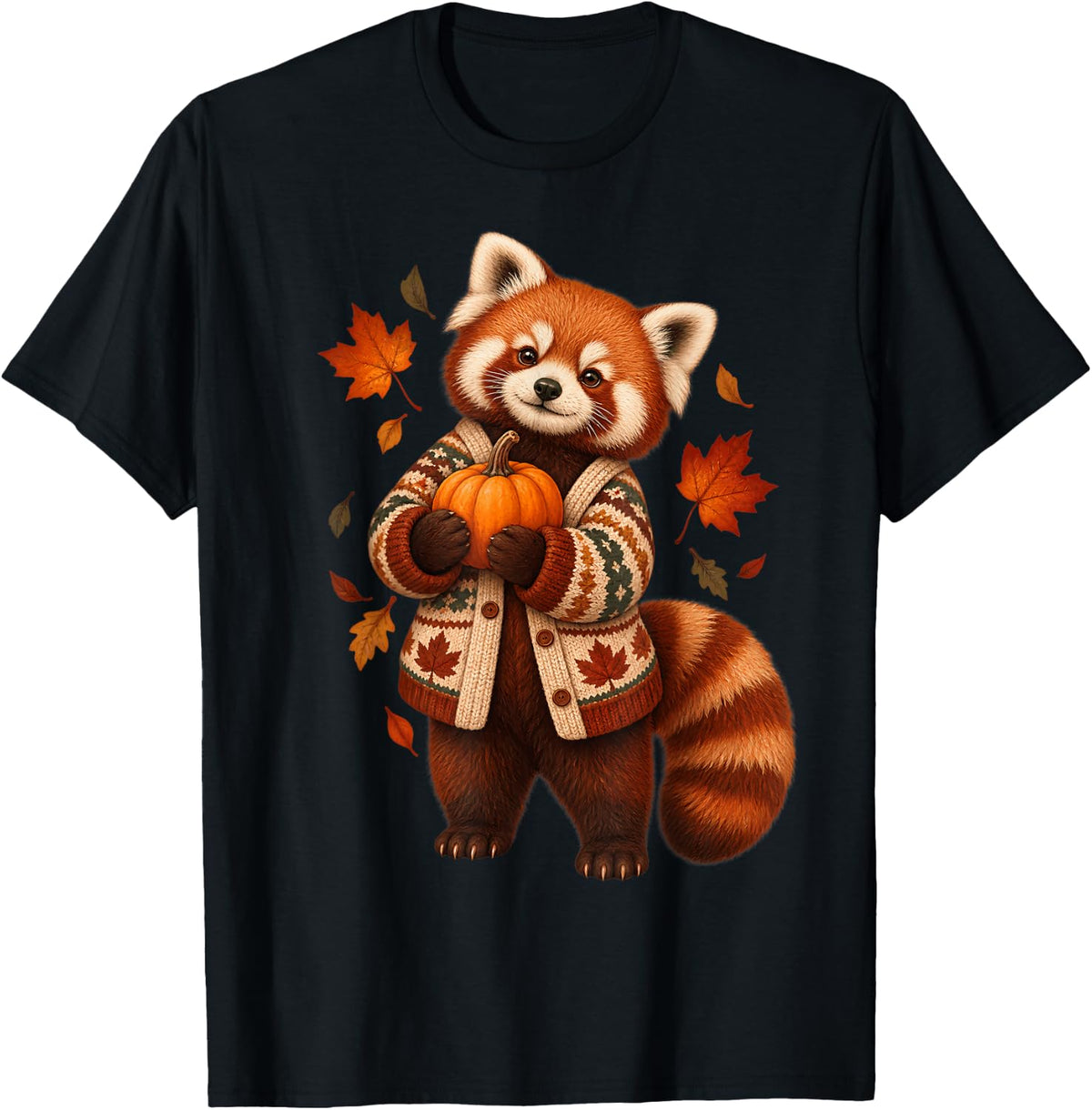 Cute Red Panda Pumpkin Sweater Cozy Fall Autumn T-Shirt - Black