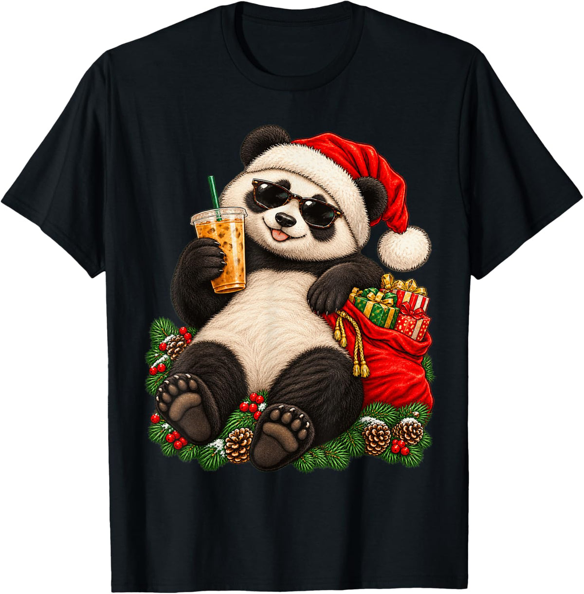 Smiling Panda Christmas Iced Coffee Sunglasses Holiday Funny T-Shirt - Black