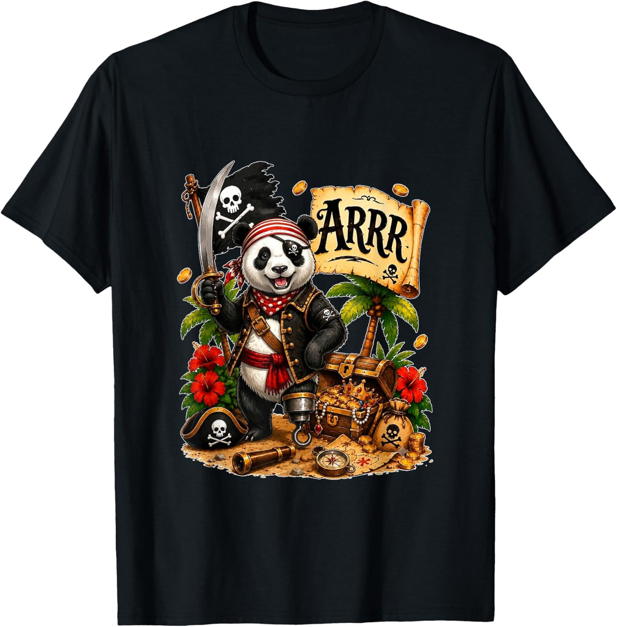 Panda As Pirate Halloween Hawaiian Costume Animal Lover T-Shirt - Black
