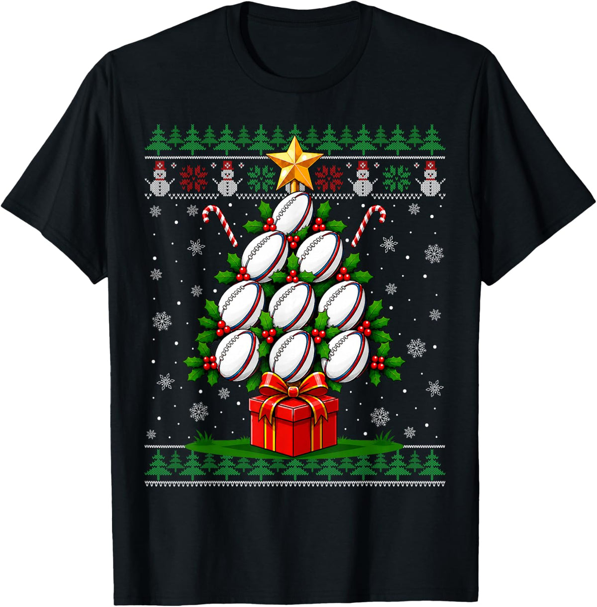 Xmas Ugly Sweaters Festive Sports Rugby Ball Christmas Tree T-Shirt - Black