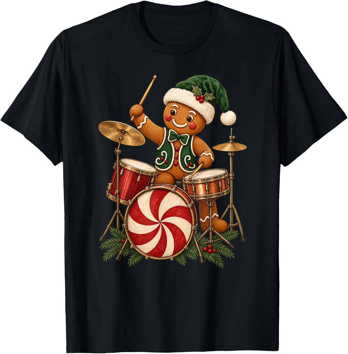 Christmas Gingerbread Drummer with Santa Hat Humor T-Shirt - Black