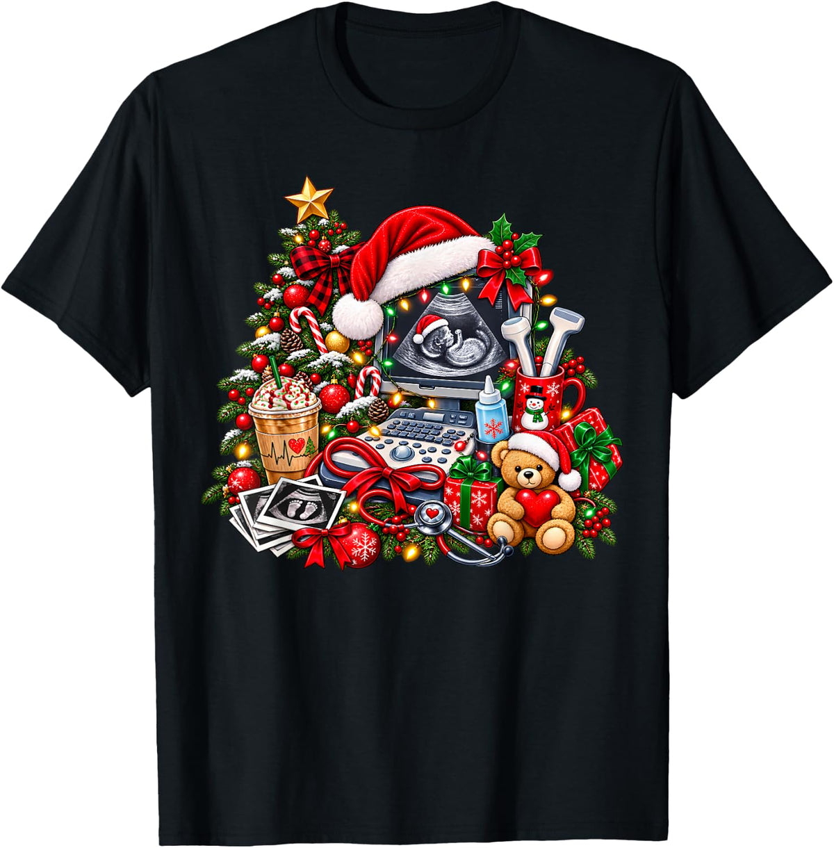 Christmas Sonographer Ultrasound Tech Christmas Technologist T-Shirt - Black