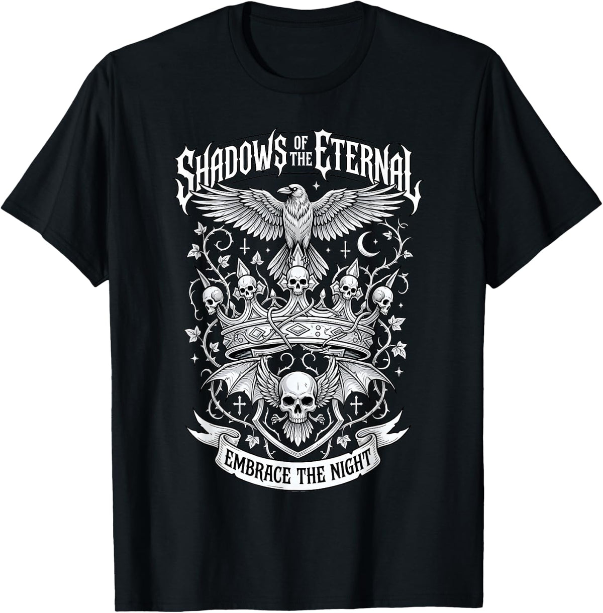 Shadows of the Eternal Embrace the Night Gothic Raven Skull T-Shirt - Black