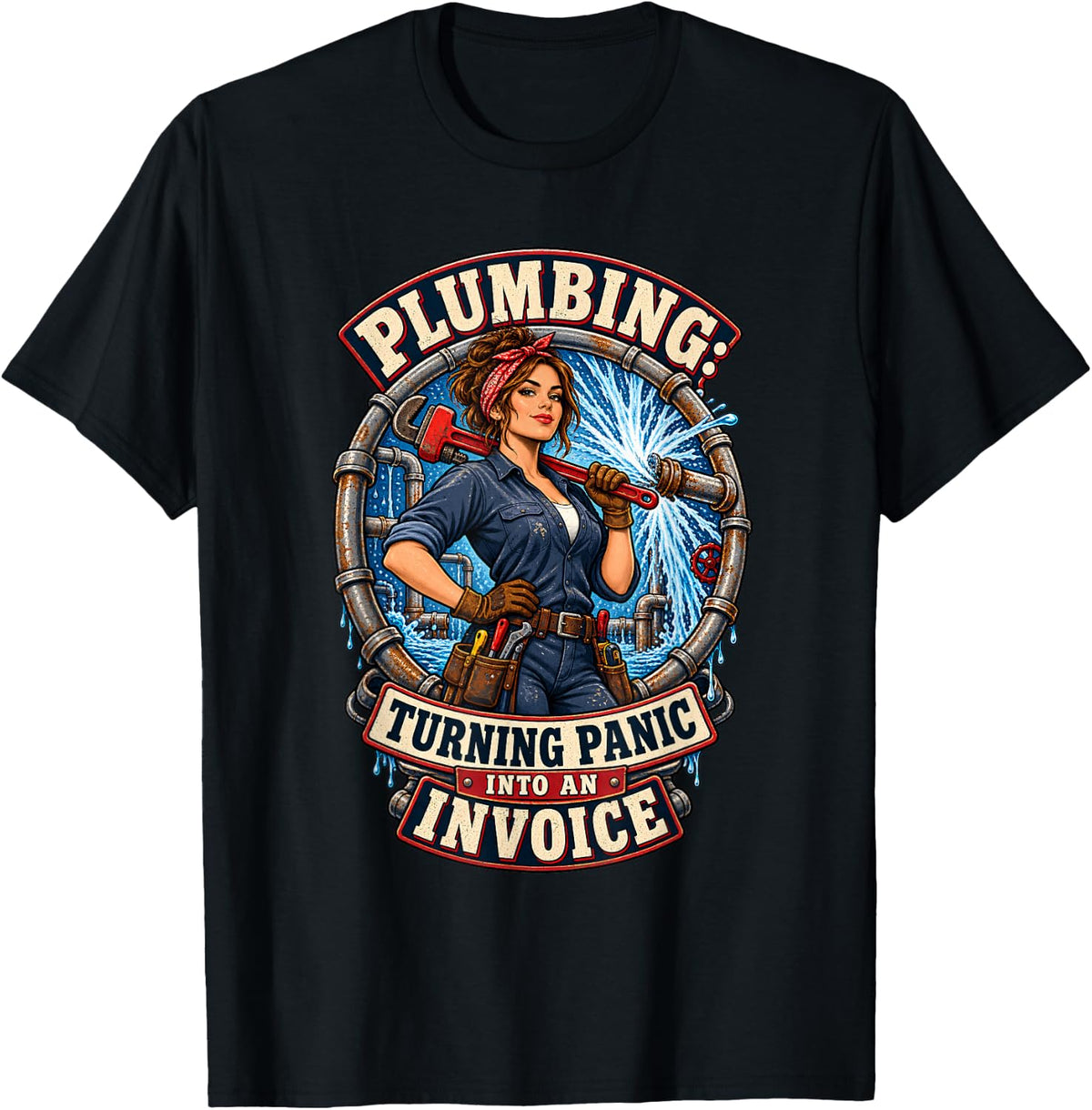 Plumbing Turning Panic Into an Invoice Female Plumber Womens T-Shirt - Black