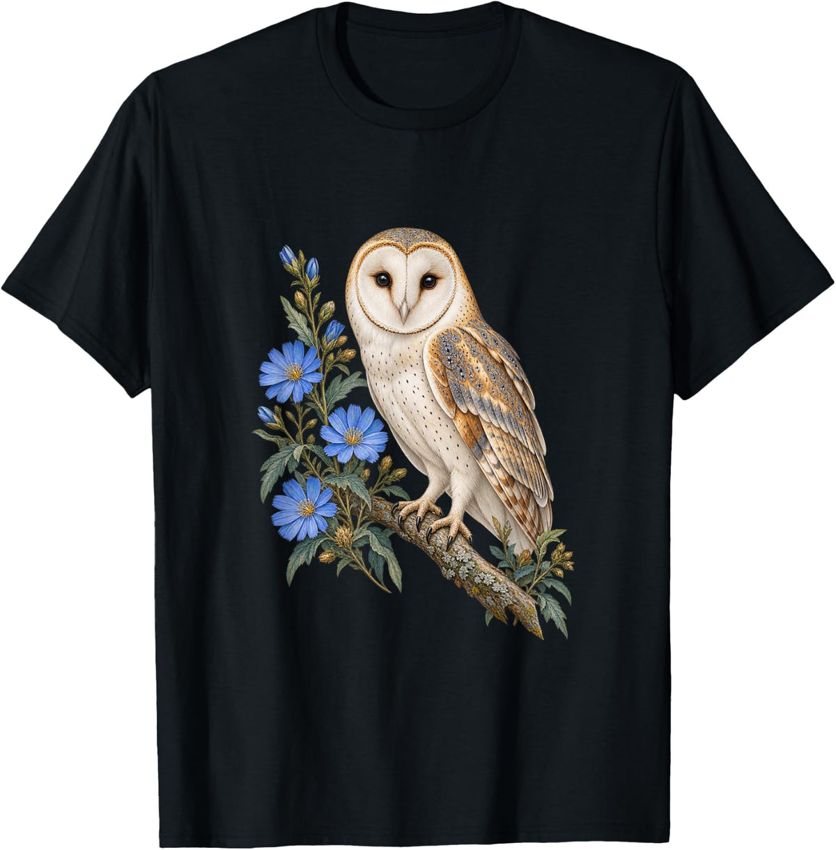 Barn Owl Blue Wildflowers Botanical Bird T-Shirt - Black