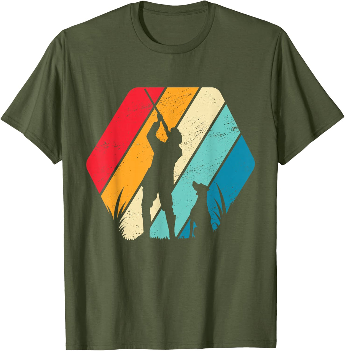 Retro Duck Hunter Hunting Dog Vintage Sunset T-Shirt - Olive Green
