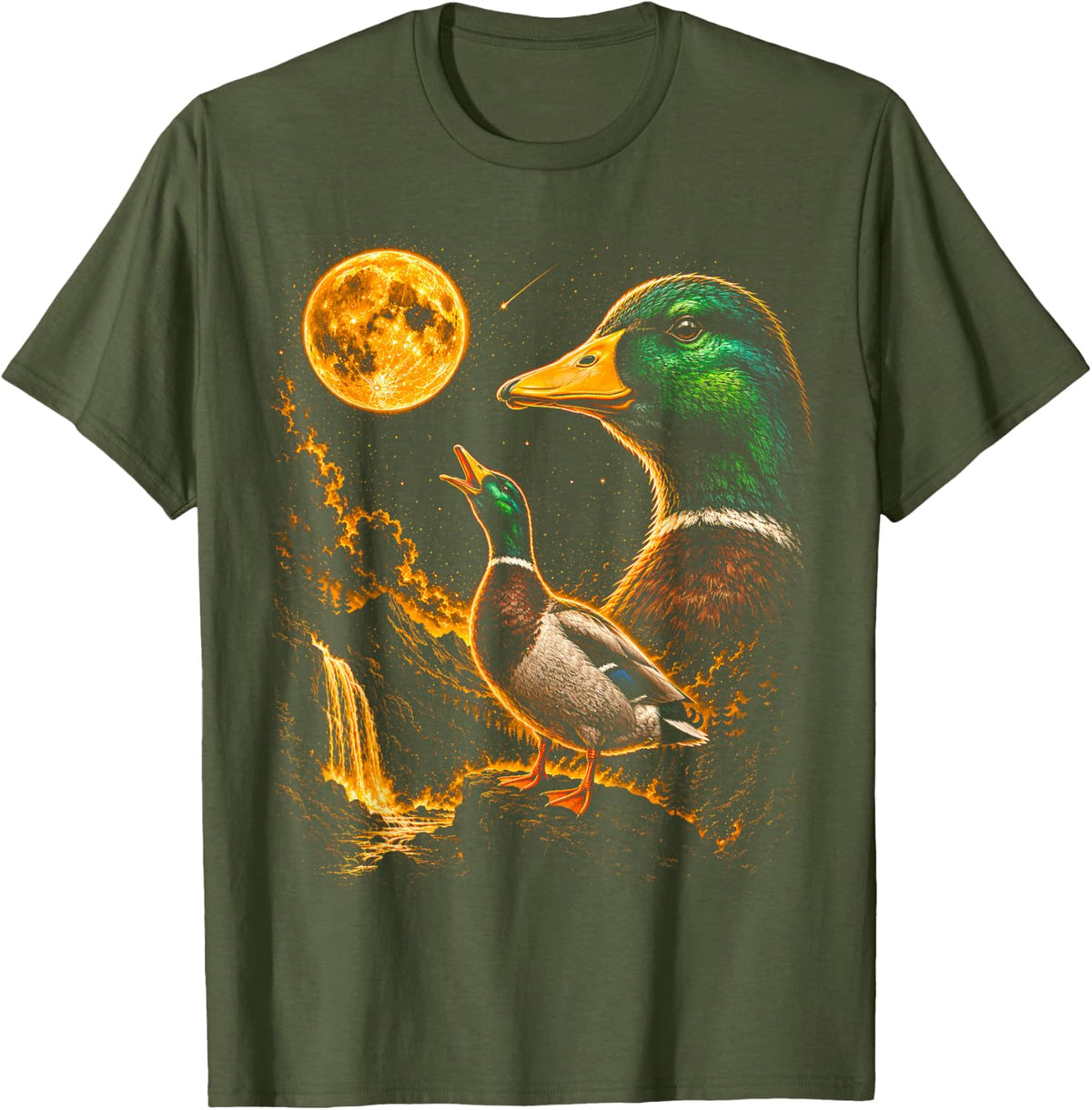 Mallard Duck Howling to The Moon Meme Funny 90's Duck Bird T-Shirt - Olive Green