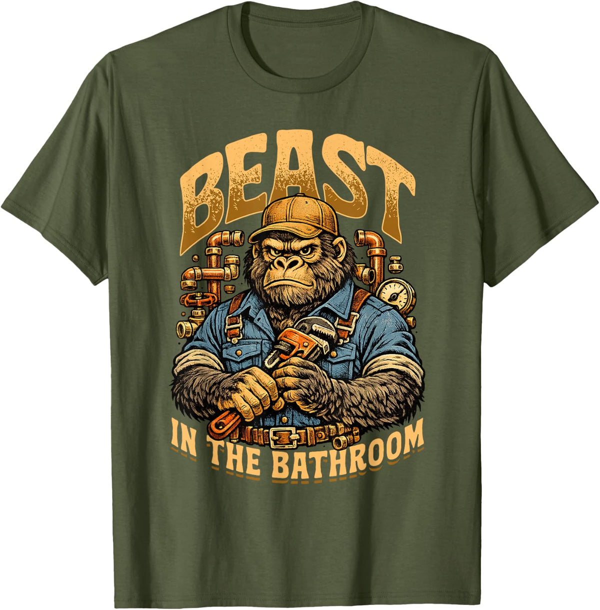 Plumber Beast in The Bathroom Gorilla Pipes T-Shirt - Olive Green