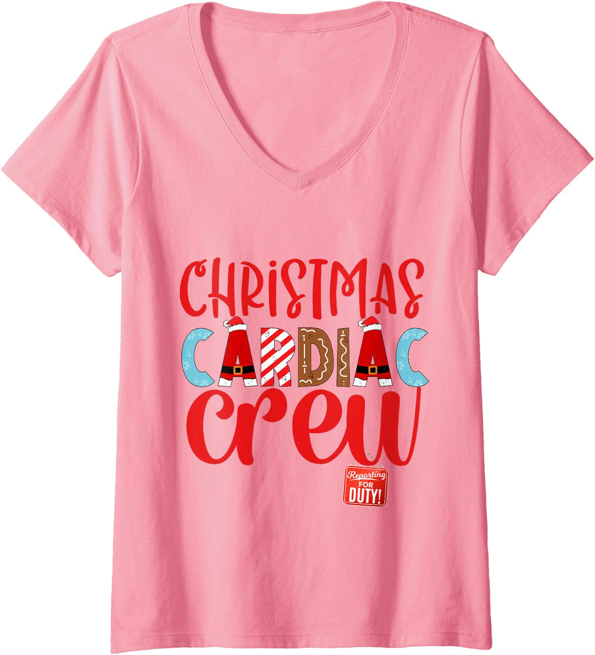 Women's Christmas Cardiac Crew ER Nurse Tech & Assistant Team V-Neck T-Shirt - Pink