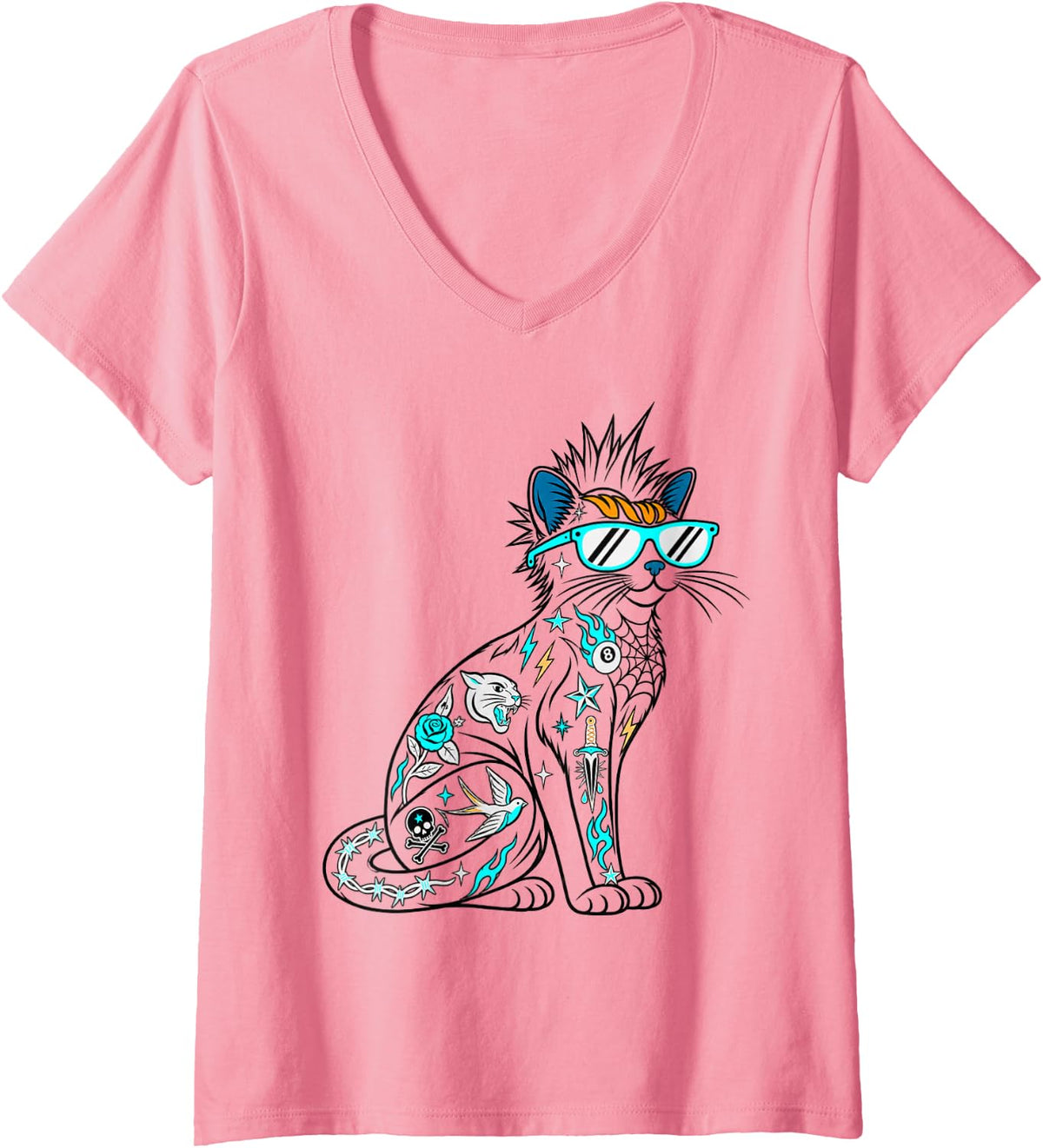 Women's Colorful Tattoo Cat Sunglasses Punk Kitty Art V-Neck T-Shirt - Pink