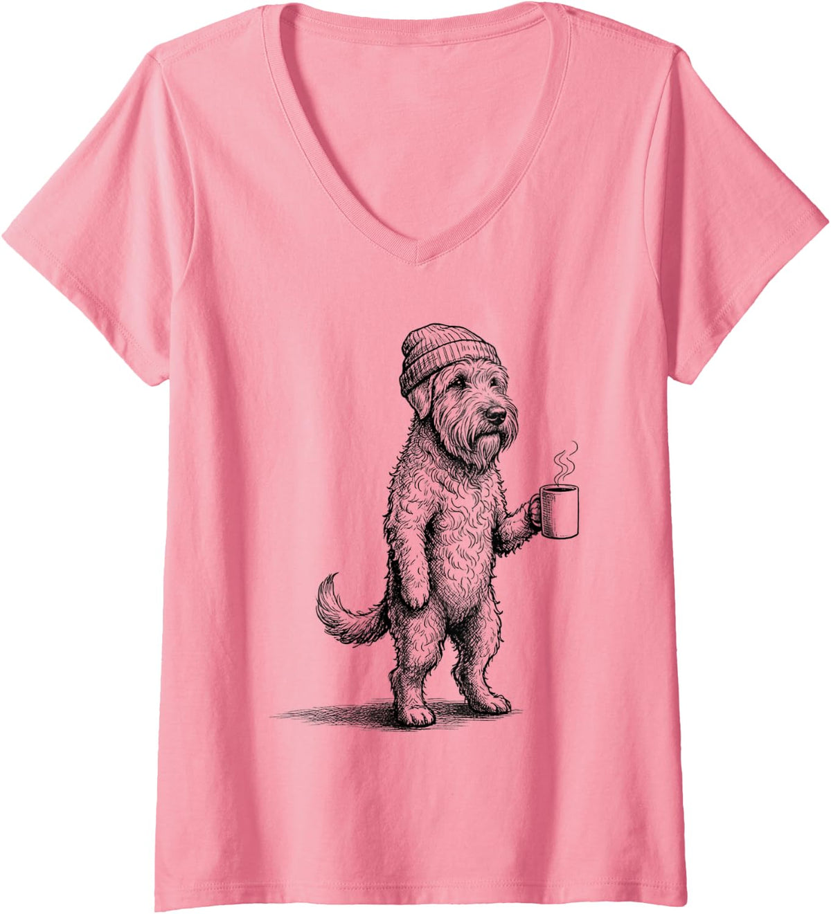 Women's Grumpy Soft Coated Wheaten Terrier Dog Drinking Coffee Funny V-Neck T-Shirt - Pink