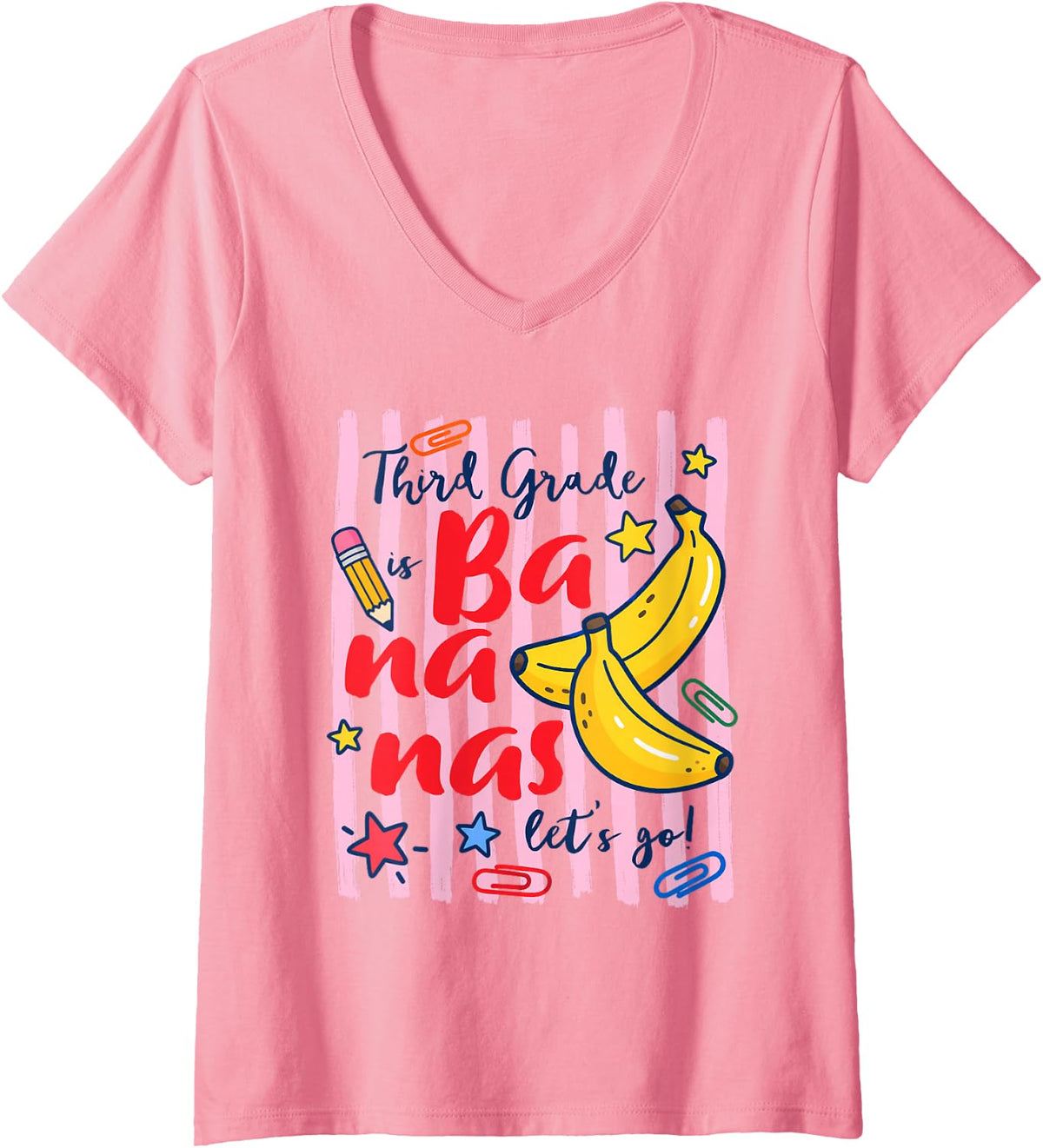 Women's 3rd Grade Teacher Third Grade Bananas Let’s Go Teaching V-Neck T-Shirt - Pink