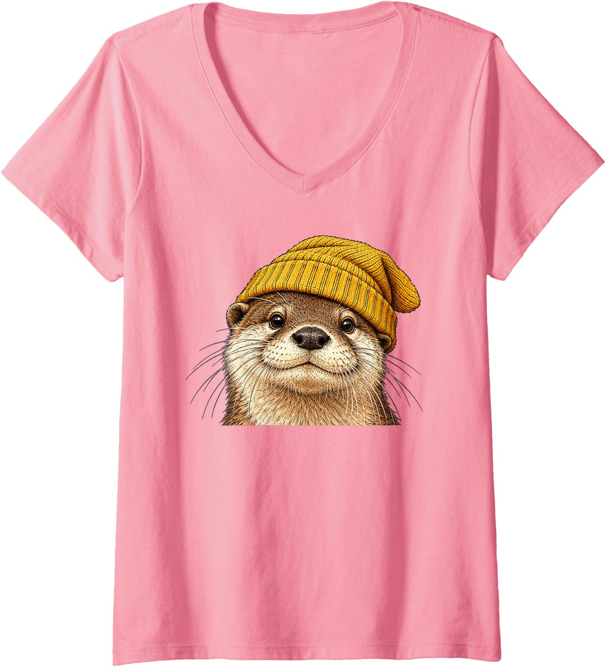Women's Retro Cute Otter Wearing Beanie Hat Winter Animal Lover V-Neck T-Shirt - Pink