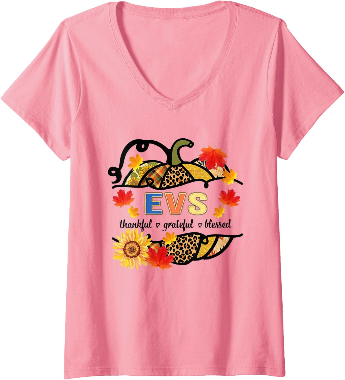 Women's Autumn Fall Outfit EVS Thankful Grateful Blessed Pumpkin V-Neck T-Shirt - Pink