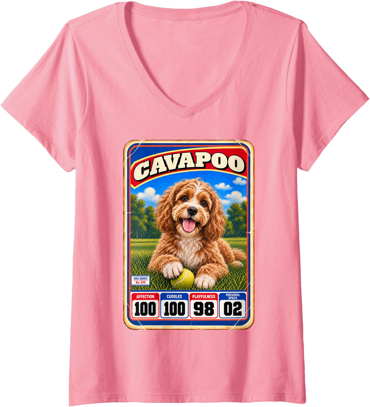 Women's Cavapoo Vintage 70s 80s Sports Trading Card V-Neck T-Shirt - Pink