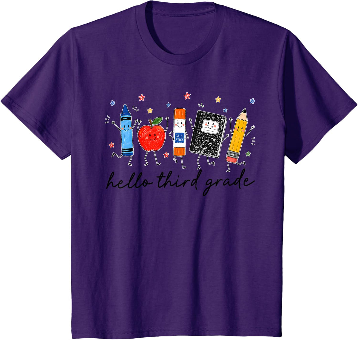 Back to School Teachers Doodle Crayon Hello 3rd Third Grade T-Shirt - Purple