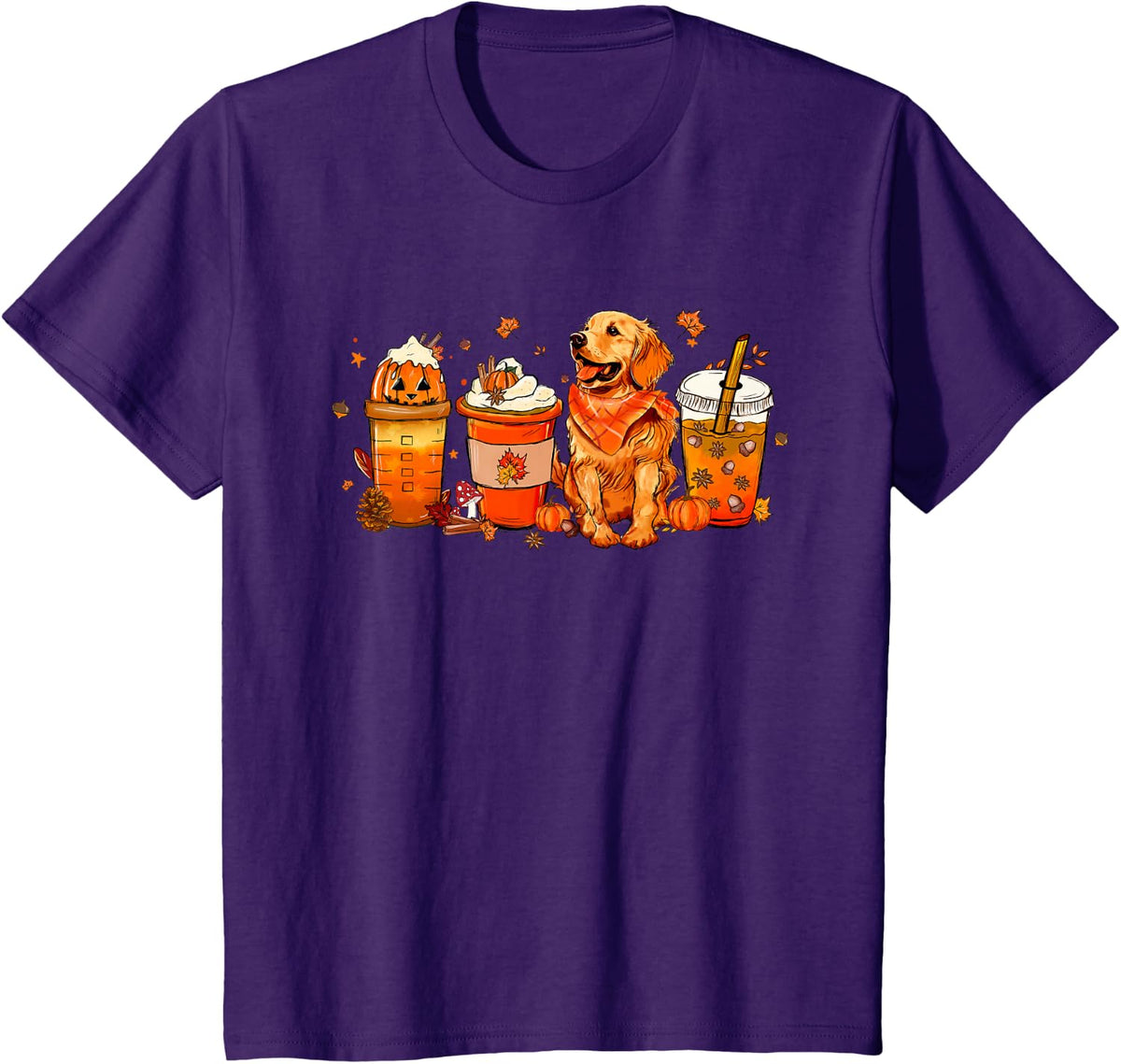 Golden Retriever Pumpkin Coffee Latte Autumn Fall T-Shirt - Purple